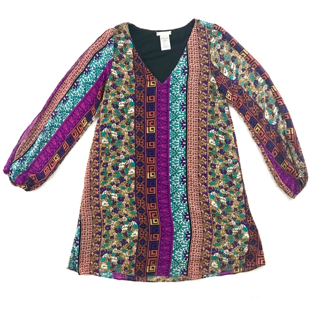InTu Boho Patterned Long Slit Sleeve Tunic Dress